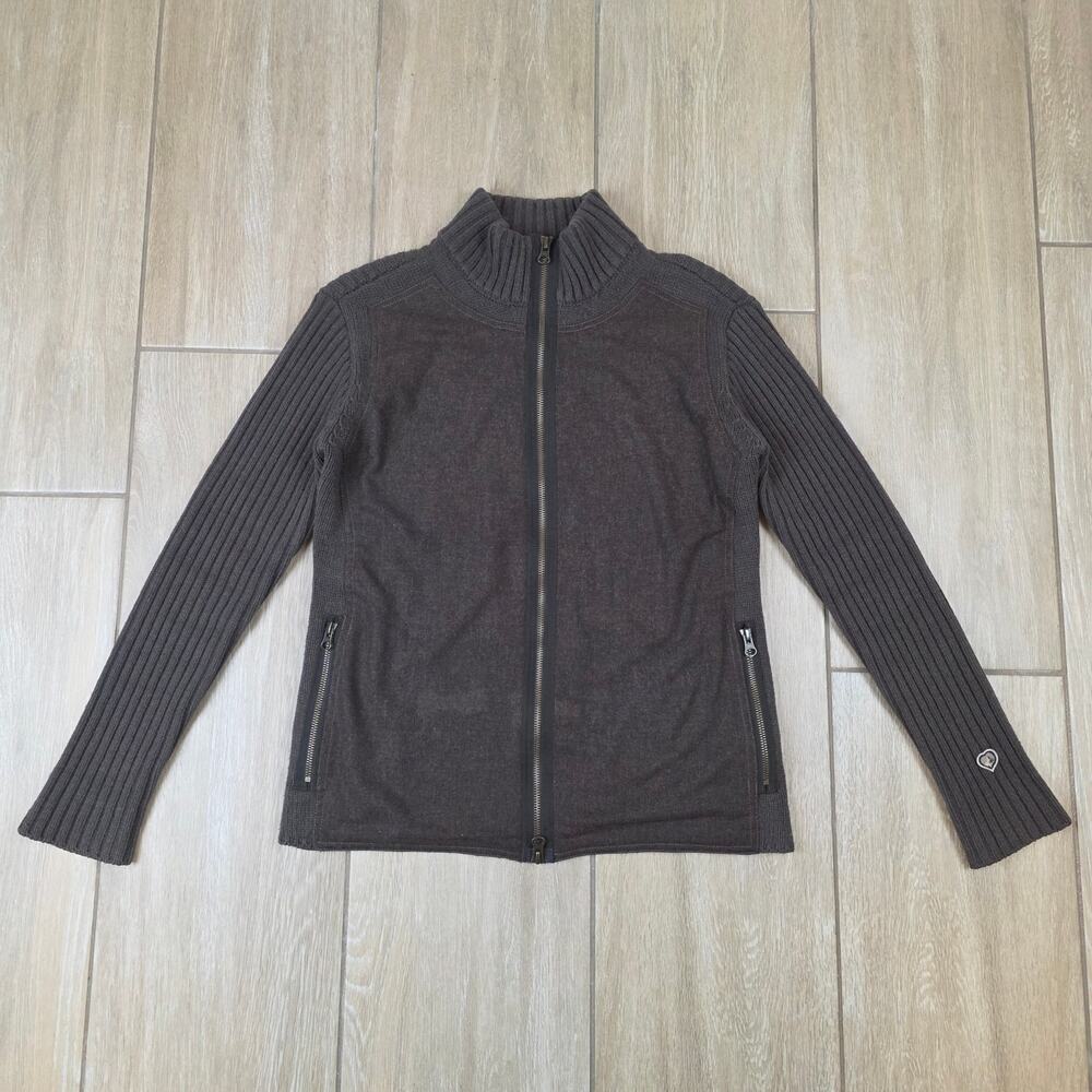 Kuhl Merino Wool Sweater Jacket Womens S Brown Full Zip Ribbed Outdoor Cardigan